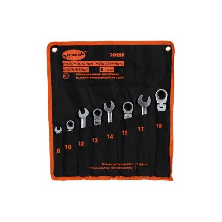 Набор ключей комбинированных трещоточных 6 предметов (8-19) шарнирные в сумке АвтоДело 30228